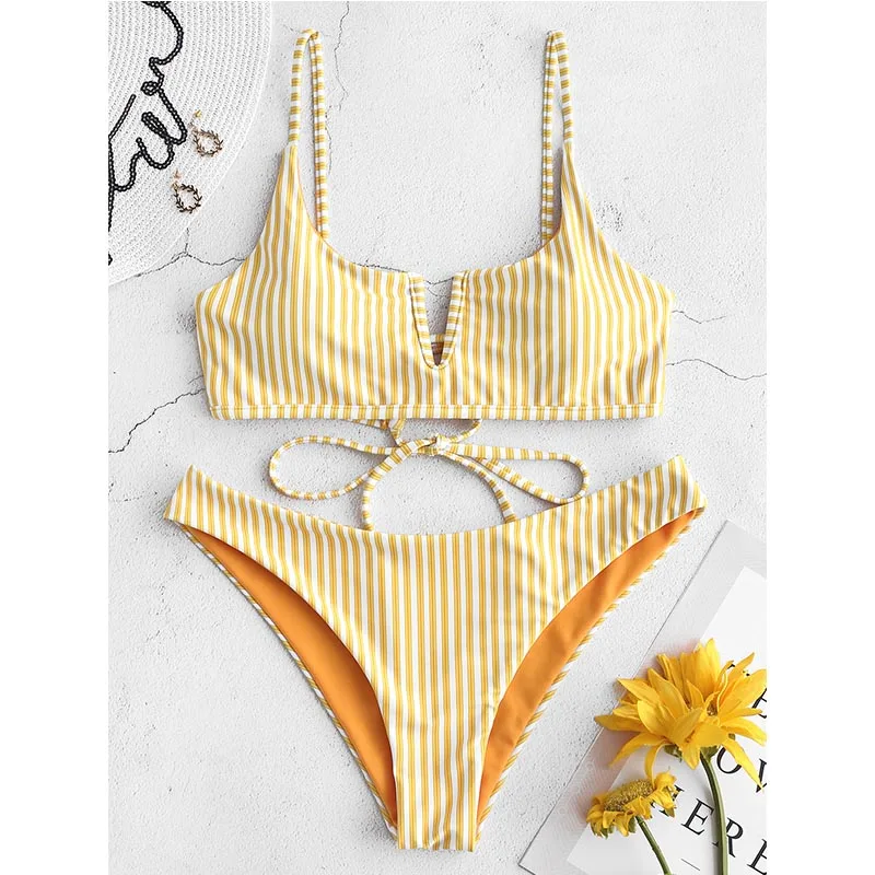 Rubber Ducky Yellow ZAFUL Бикини Двусторонняя Купальники Женщины Полосатый Бикини Спагетти Ремни Полосатый Купальник Зашнуровать Купальный Костюм - Цвет: Rubber Ducky Yellow