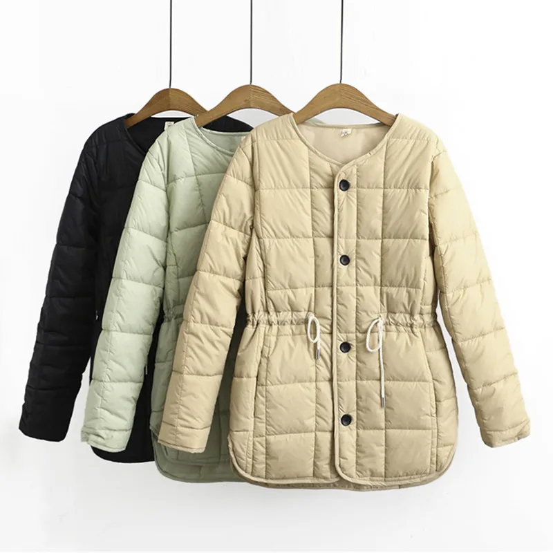 

Femmes O Neck Solid Black Khaki Women Slim Waist Quilted Coats 2021 New Winter Casual Ladies Warm Jackets Female Tops