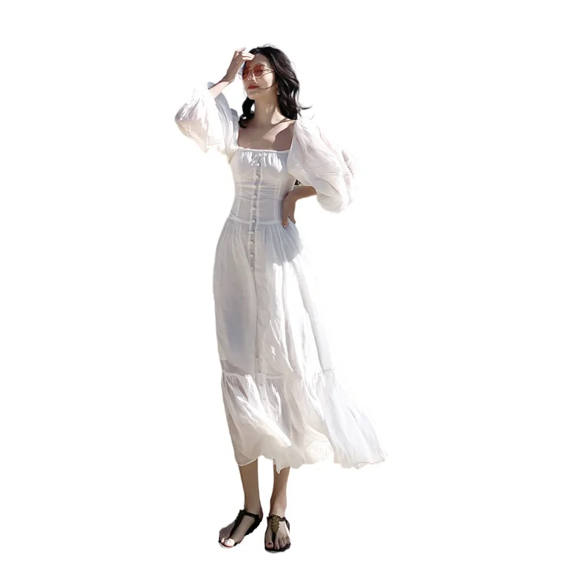 

High Quality Elegant Dress Women's 31 Summer 2021 Square Collor Single Breatsed Waist Half Puff Sleeve Mid-Calf Dresses Vestidos