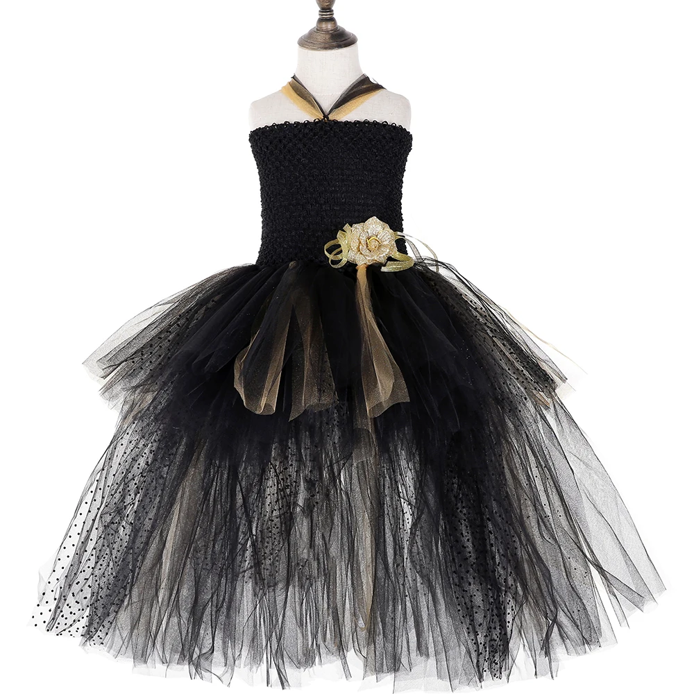 Gold &amp Black Girls Tutu Dress with Train Princess Flower Girl Tulle Kids Wedding Evening Birthday Party Dresses Ball Gown | Детская