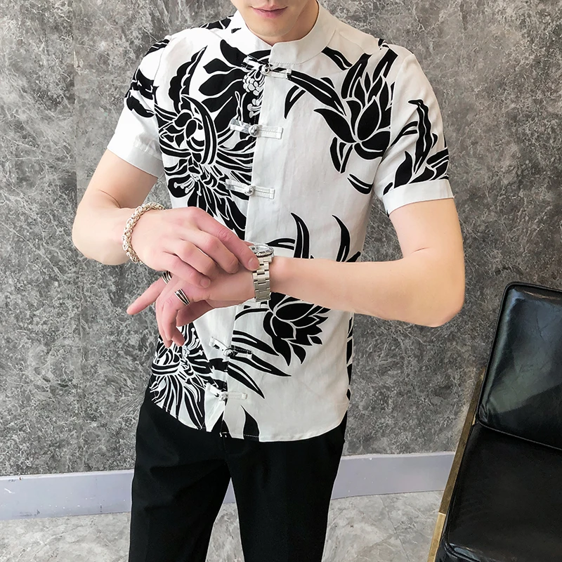 

Camisa High Masculina Quality Summer Fashion Chinese Style Plate Button Printing Short Sleeve Shirt Slim Fit Shirt Men Clothes