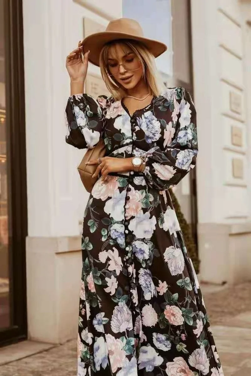 

2021 fashion women's dress new summer casual hot sale V-neck pullover printing lace stitching long-sleeved dress