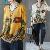 women spring fall fashion vintage long sleeve girl cartoon print high quality knit sweater office lady v neck loose casual tops