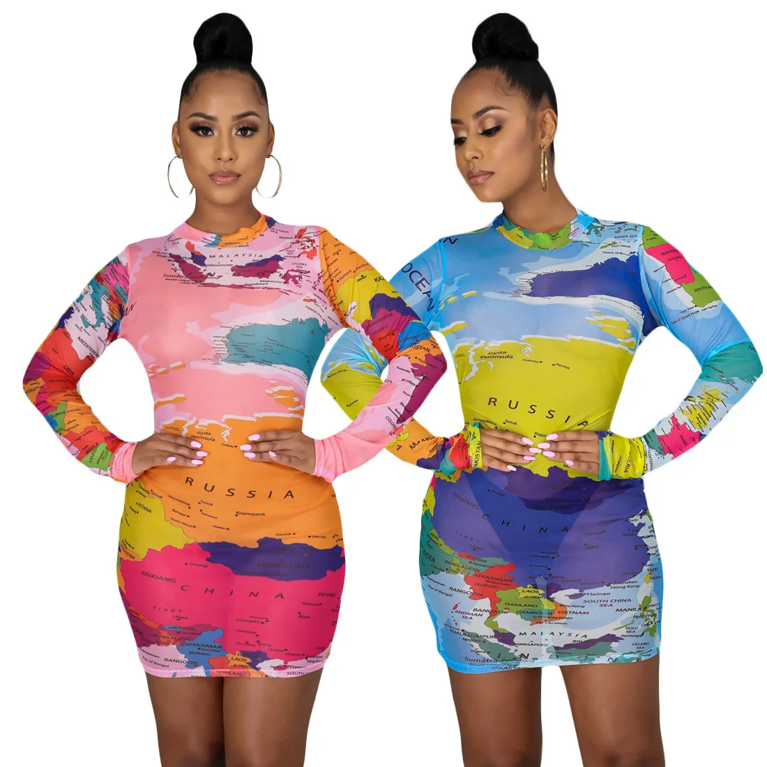 

Printed Pullover Long Sleeve Dress Short Vestido 2 Colors Available Elegant