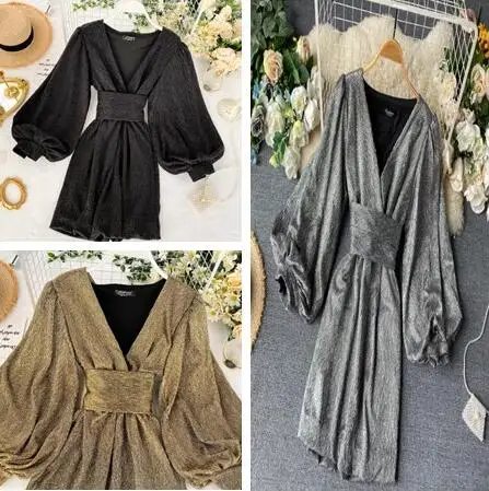 

Spring Autumn Women's Bright Color Dress V-neck Lantern Sleeve Gold Bright Silk Lace Retro Dress Female Sexy Party Dress