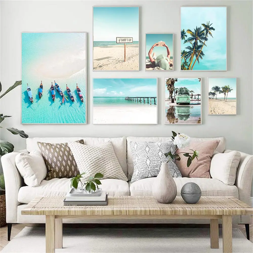 

Scandinavia Sea Beach Women Yacht Touring Car Poster Coconut Tree Art Print Summer Landscape Wall Art Canvas Painting Home Decor