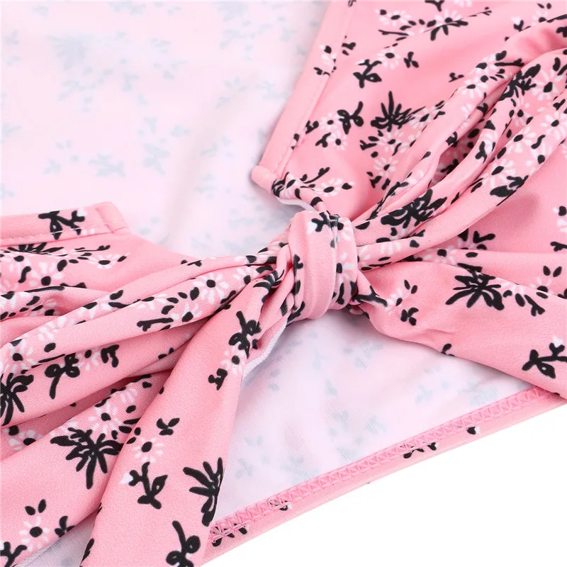 

Women's 2Pcs Bathing Suit Short Sleeve Floral Print Tie Knot Front Crop Tops + Bikini Shorts Set Swimsuit