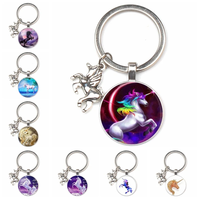 

Fashion Cute Horse Pendant Key Ring Round Glass Crystal Unicorn Art Painting Key Ring Jewelry Car Pendant To Send Friends Gifts