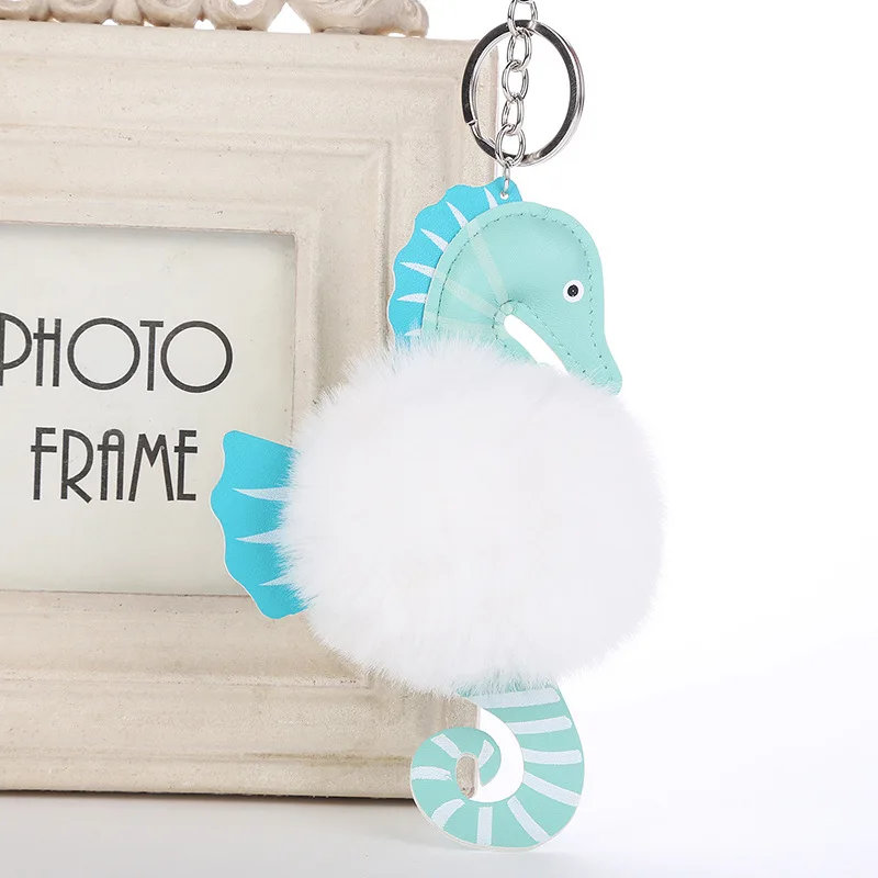 Милые пушистые Брелоки для ключей с морским коньком женщин меховой брелок