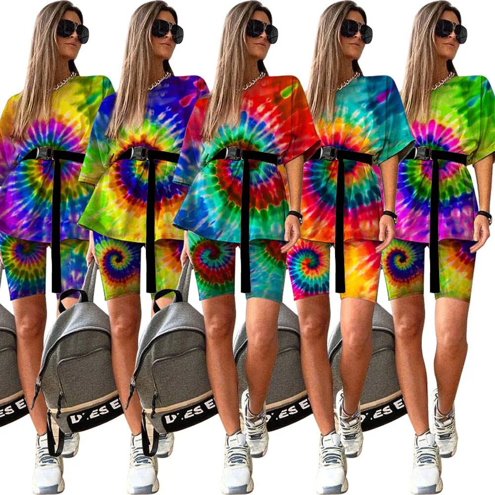 Tie Dye Print Oversized Two Piece Short Set for Women T-shirt Top and Biker Shorts Set Lounge Wear Street Joggers Matching Sets