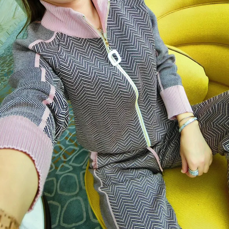 

Cardigan knitted Long Sleeve Tracksuits Women Two Piece Set Spring Autumn Fashion Zip Pattern Sweater+Harem Pants Women Clothing