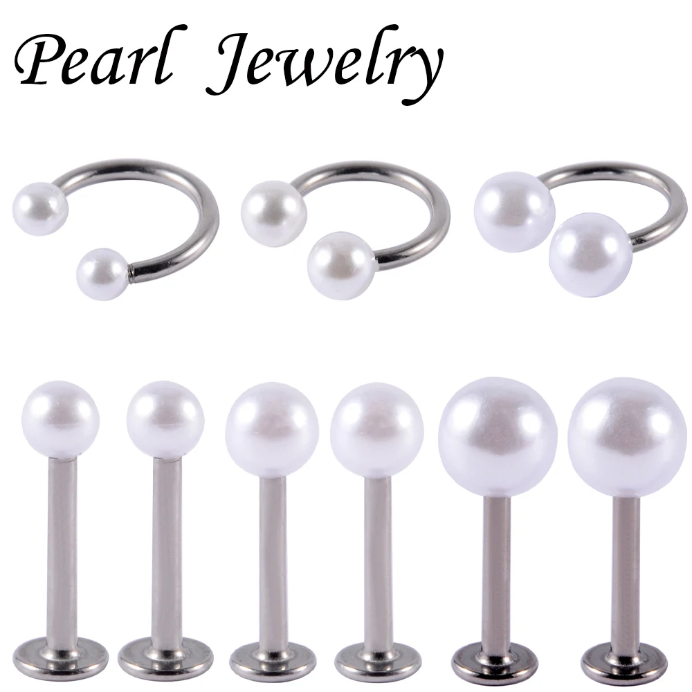 

6Pcs Stainless Steel Pearl Ear Lip Studs Ear Tragus Cartilage Helix Lobe Piercing Horseshoe Ring Septum Nose Ring 16g