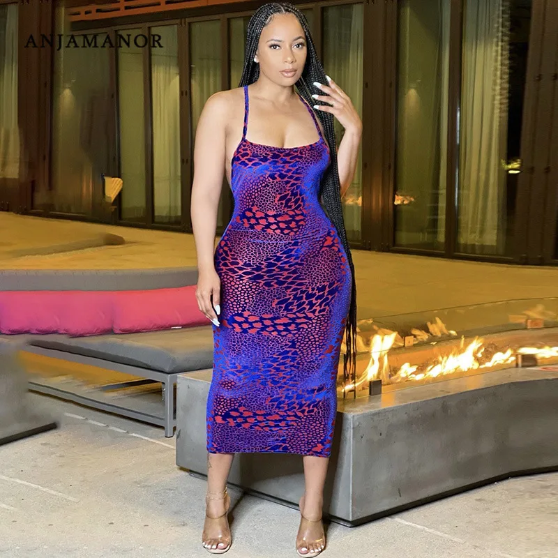 

ANJAMANOR модный принт платья-футляр с вырезом на спине для женщин 2021 вечерние ночной клуб банкетные модельные пикантные средней длины на тонки...
