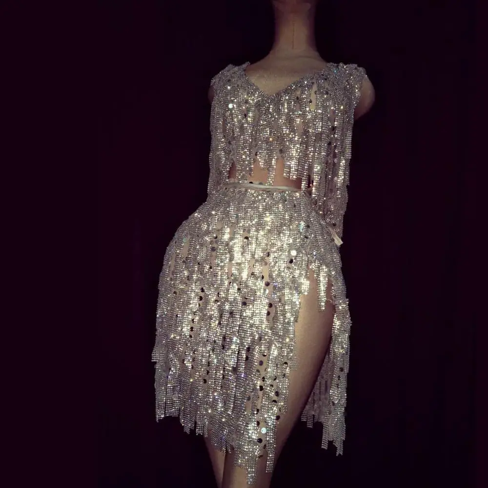 Блестящий серебряный топ с бахромой Стразы + юбки наборы одежды для сцены женское