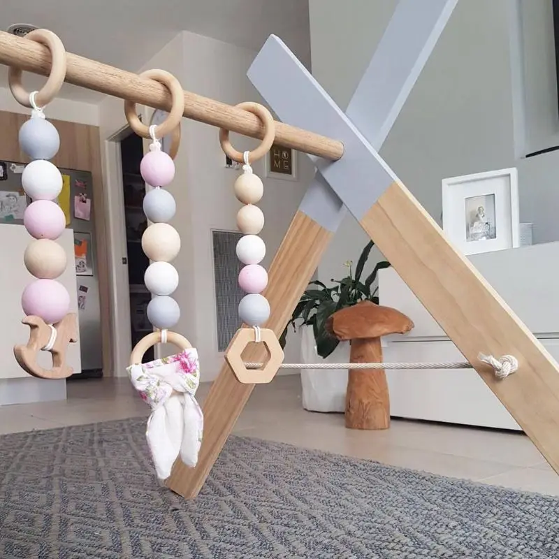Estante de Fitness de madera sencillo n&oacute;rdico para beb&eacute;s reci&eacute;n nacidos, anillo sensorial de juguete para ni&ntilde;os, decoraciones para habitaci&oacute;n de ni&ntilde;os, gimnasio de madera-3