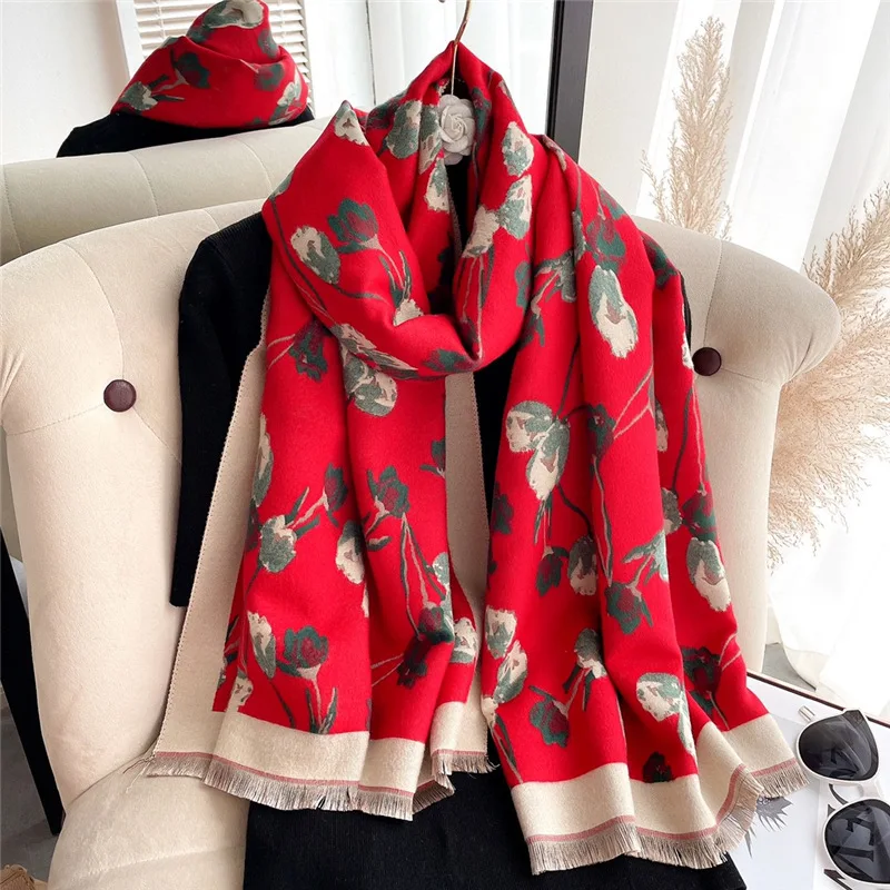 

Women Winter Scarf Elegant Floral Cashmere Shawls and Wraps Thick Warm Blanket Luxury Brand Double-sided Scarves Stoles
