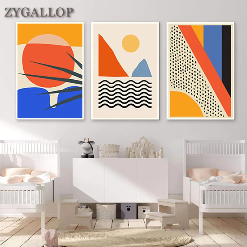 

Абстрактная картина восхода солнца на холсте с геометрическим рисунком, Современная Настенная картина, постер для Скандинавии, настенные к...