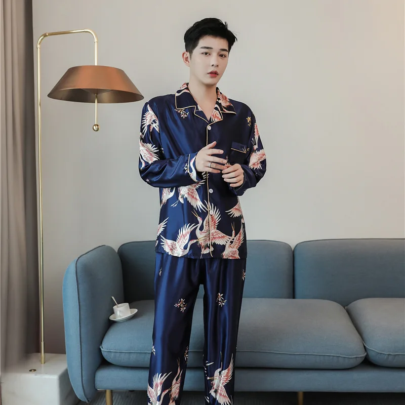 Male Pajamas Set Casual Lounge Wear Satin Sleepwear 2021 New Lovers' Nightwear Home Clothes Print Intimate Lingerie Pyjamas
