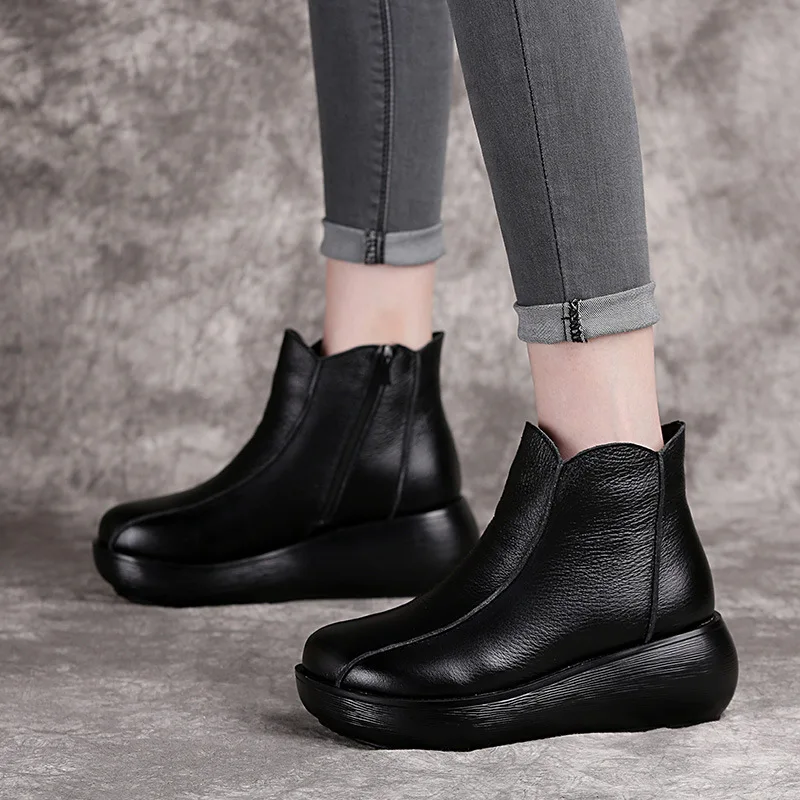 

BEYARNESpring Fashion Vintage Genuine Leather Flat Platform Ankle Boots Women Slip On Winter Warm Plush Casual Short Zipper Boot