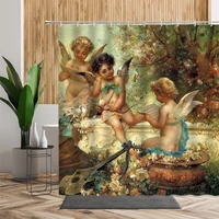 Retro Festival Shower Curtain Set Angel Cow Animal Pattern Bathroom Decor Easter Living Room Wall Cloth Bathtub Hanging Curtains