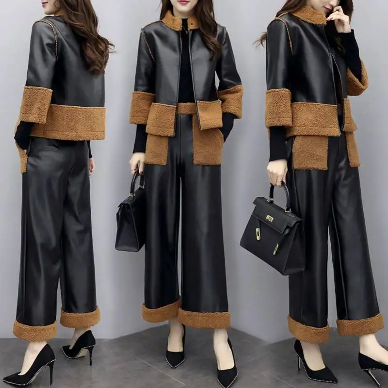 Women Suit Casual Pu Jacket & High Waist Pant Office Lady fur Jacket Pant Suits Korean Femme 2 pieces set