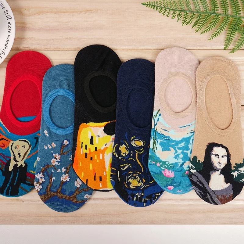 

Cartoon Woman Sock Short Cotton Socks Women The Scream Starry Night Sox Couples European Retro Classic Spring Autumn Cute Sokken