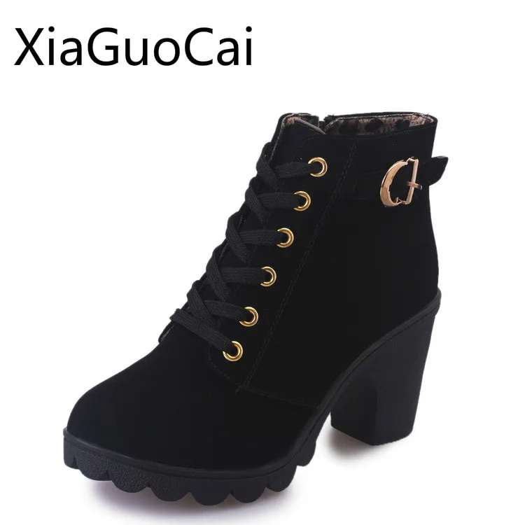 Черные женские ботильоны с круглым носком однотонные Модные ботинки на высоком