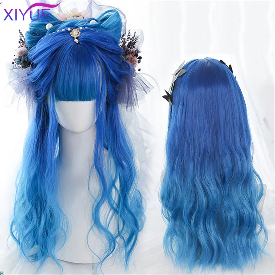 

XIYUE Long Ombre Light Ash Pink Blue Wavy Wig Cosplay Party Daily Synthetic Wig for Women High Density Temperature Fibre
