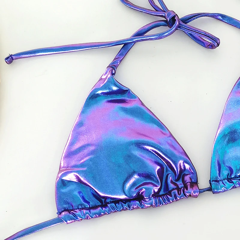 Женские Треугольные комплекты бикини с жидким металлическим радужным завязкой