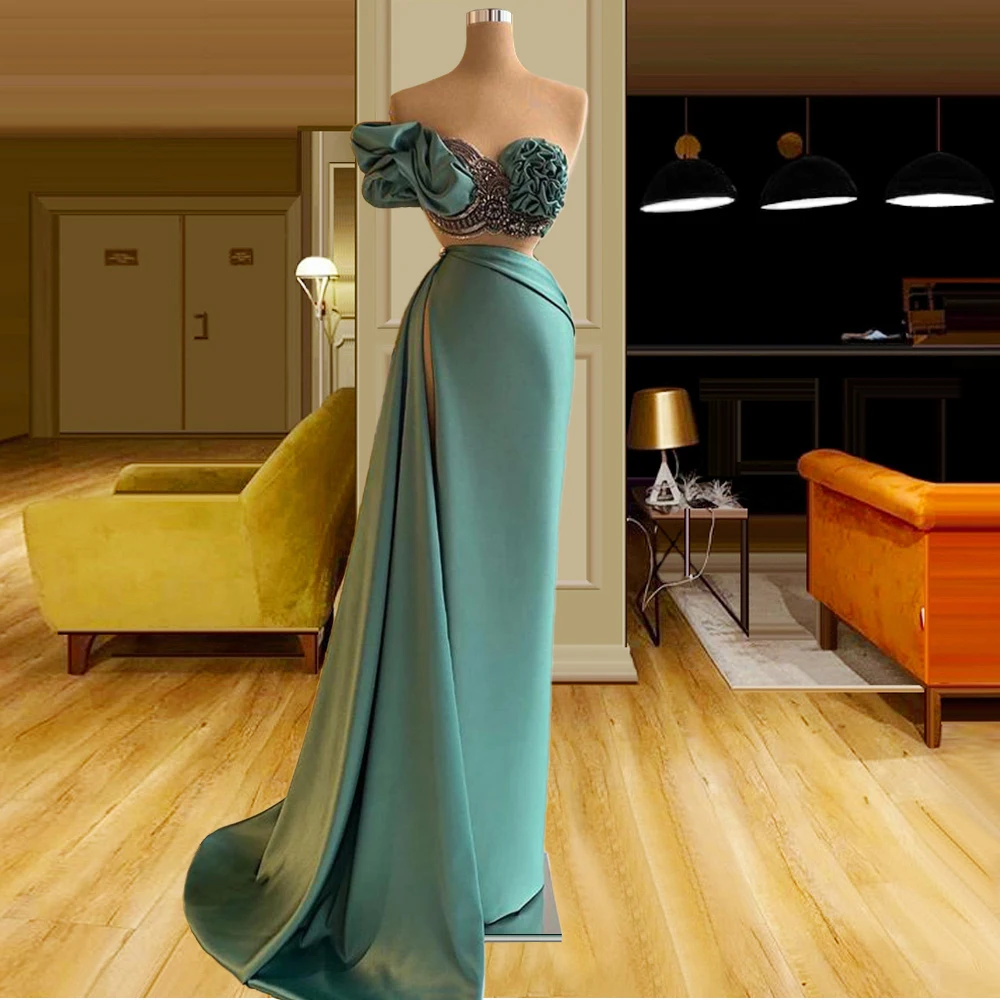 

Sexy Green Strapeless Prom Dress With High Split Sleeveless Beads Ruffles Satin Evening Dresses Saudi Arabia Robe De Soiree