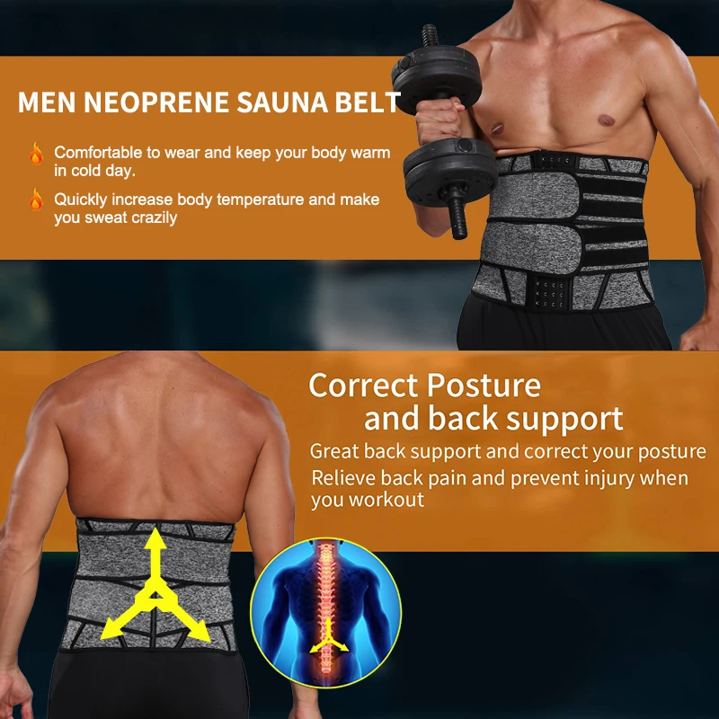 Men Sauna Waist Trimmer Belt Workout Waist Trainer Corset Sweat Belt with Adjustable Double Straps Support Neoprene Body Shaper