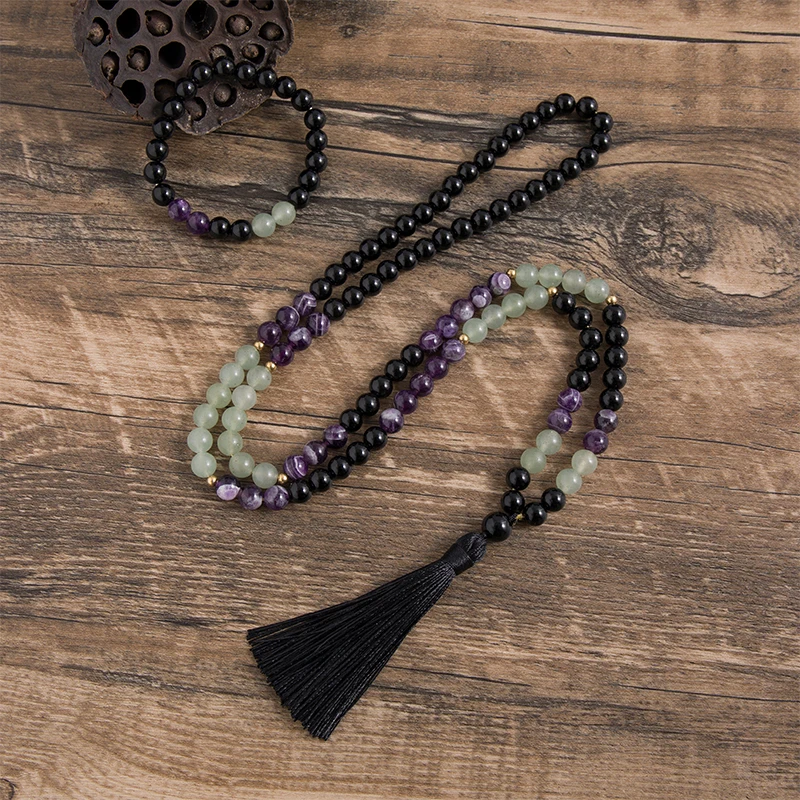8 мм натуральный аметист и авантюрин нефрит черный оникс бисер ожерелье 108 бусина