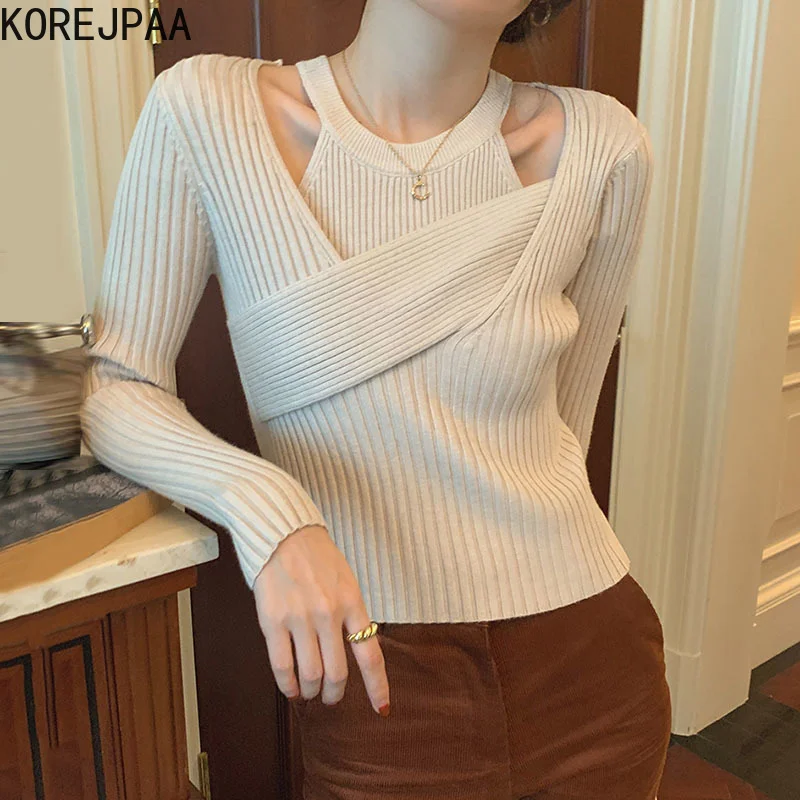 

Korejpaa Elegant Women Sweater Autumn O-neck Cross Casual Long Sleeve Fake Two Piece Solid Color Slim Short Pullover Femme
