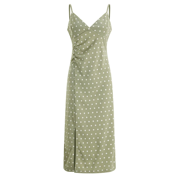 

2020 New Summer Women's Dress Basic V-neck Sexy Casual Draped Sleeveless Vintage Elegant Dot Wild Lady Slit Long Dress