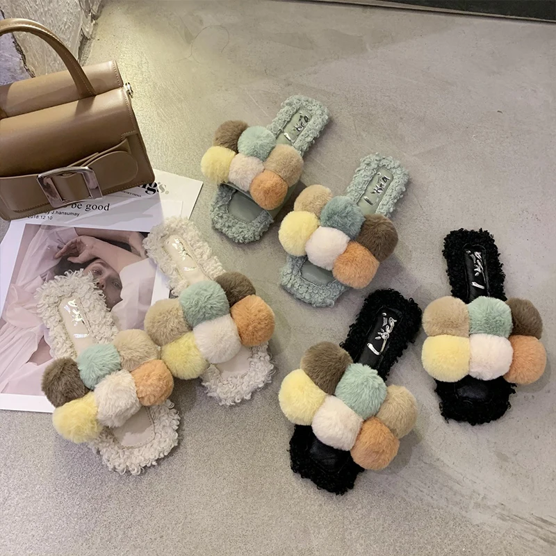 2021 New Comfortable Women Fur Slides Fuzzy Home Slippers Flat Soft Comfortable Colored Balls Flip Flops Autumn Female Shoes Hot