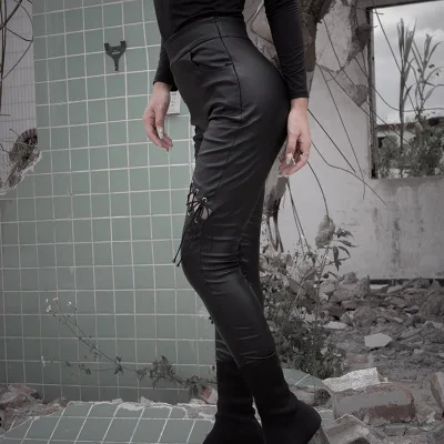 Новинка осенне зимние готические черные обтягивающие брюки Ruibbi на шнуровке