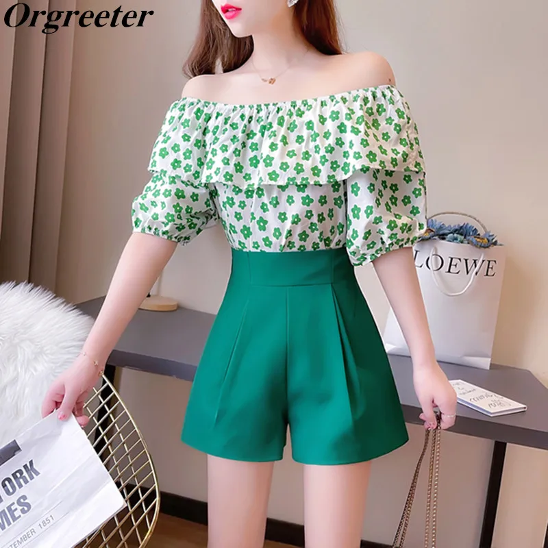 

Summer Outfits Female Temperament Sweet Off shoulder Floral Printted Women's Top + High-waist Solid Wide-leg Pants 2 Piece Sets