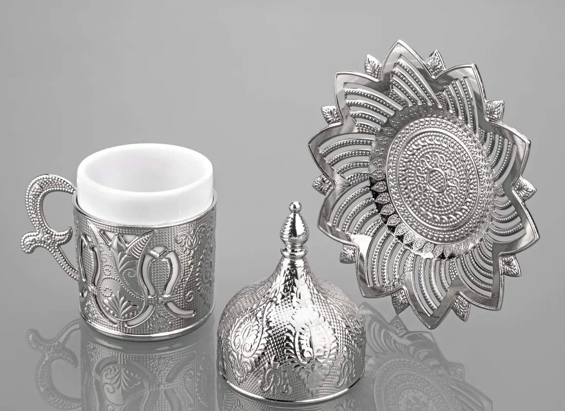 

Espresso Coffee Cup with Saucer and Lid English Arabic Greek Porcelain, Single Silver by LaModaHome