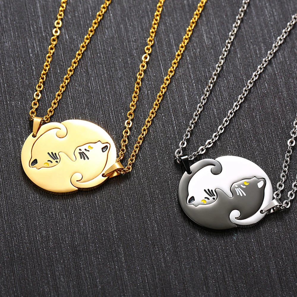 

Pack of 2 Cute Couples Animal Cat Necklace & Pendants for lover Women Men Stainless Steel Link Chain Fashion jewelry
