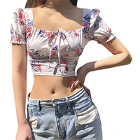 new women summer fashion sexy top floral short sleeve t shirt square neck blouse