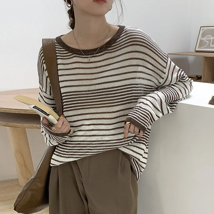 

Fall 2021 new loose crew neck striped sweater women's long sleeved top