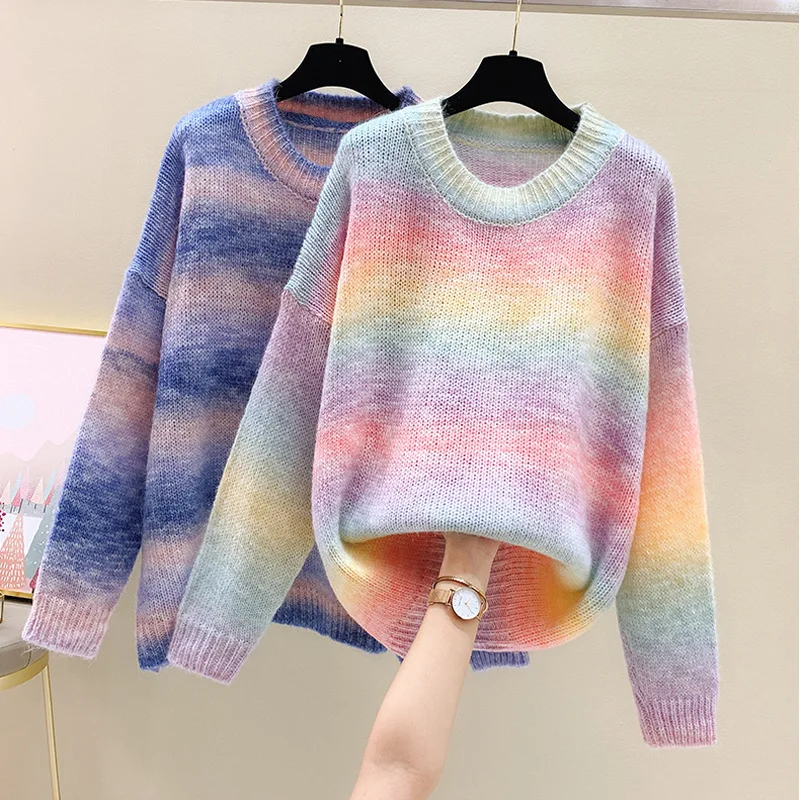 Фото Женский свободный пуловер радужной расцветки в Корейском стиле верхняя одежда