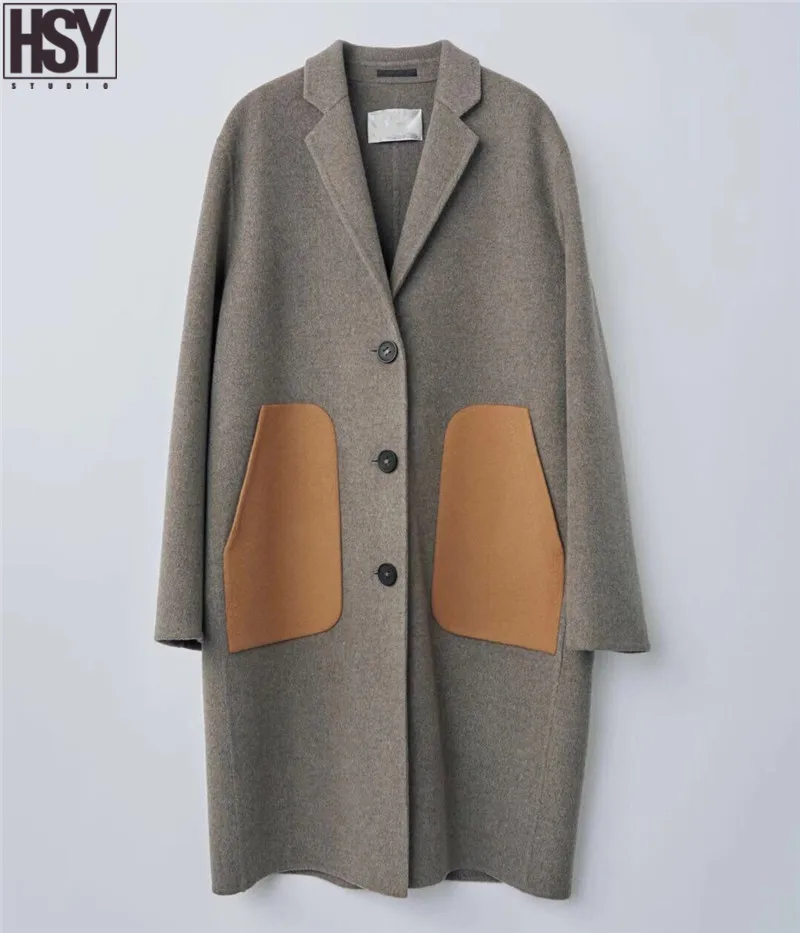 【HSY】2019 Осень Зима Новое Женское пальто камень серый микс изысканный цвет патч