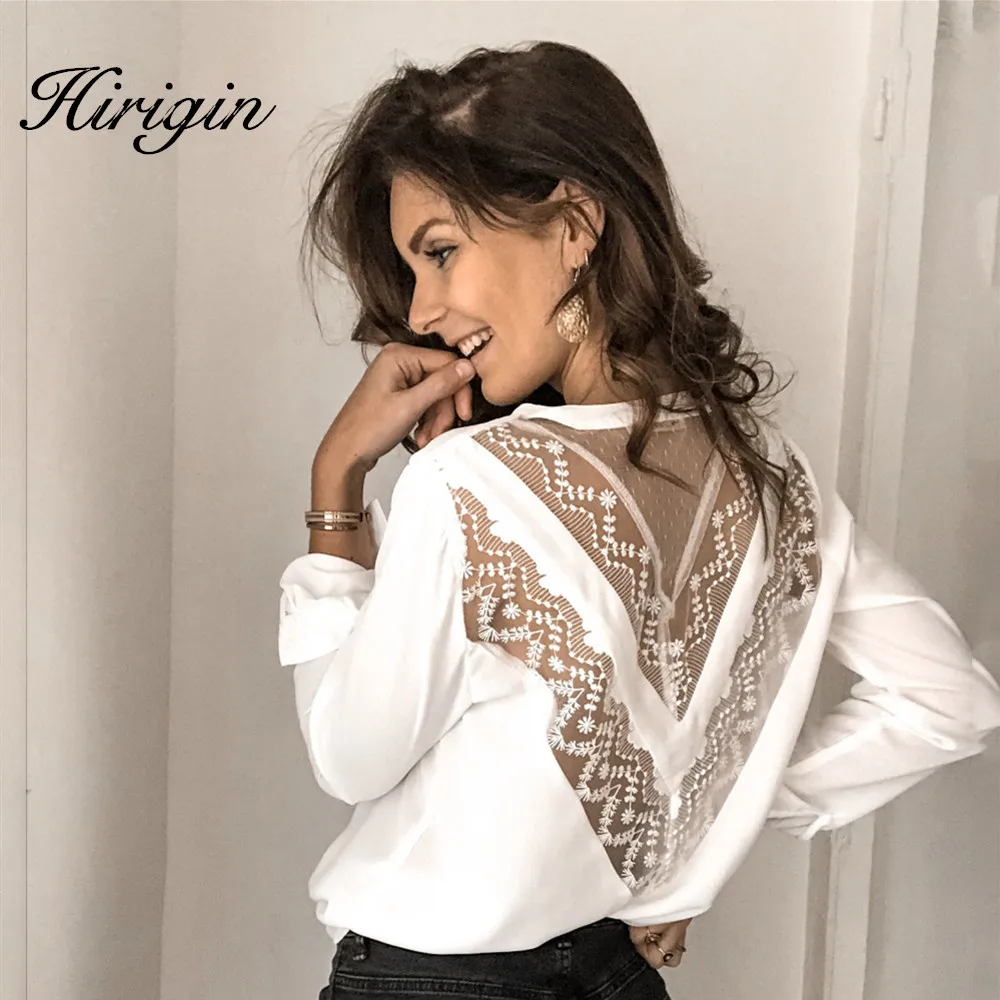 Женские топы и блузки элегантная кружевная рубашка с длинным рукавом v образным