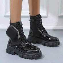 Botas con cordones para mujer, botines con diseño de bolsillo, de suela gruesa y punta redonda, a la moda, cómodas e informales, Otoño e Invierno (2)