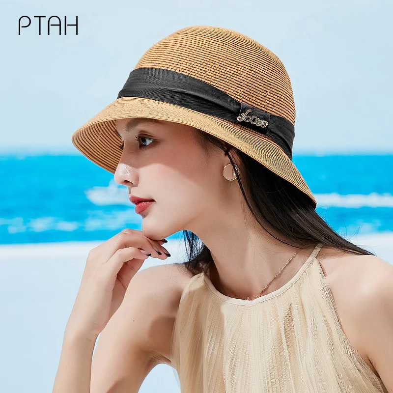 

[PTAH] Summer New Women Sun Hat UPF 50+ Wide Brim Roll-up Straw Lightweight Foldable Beach Cap Breathable Sun Protection Visors