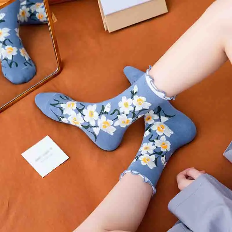 

cartoon socks Floral Ruffled Socks harajuku women kawaii Socks cute happy streetwear cotton sock kobieta skarpety candy socks