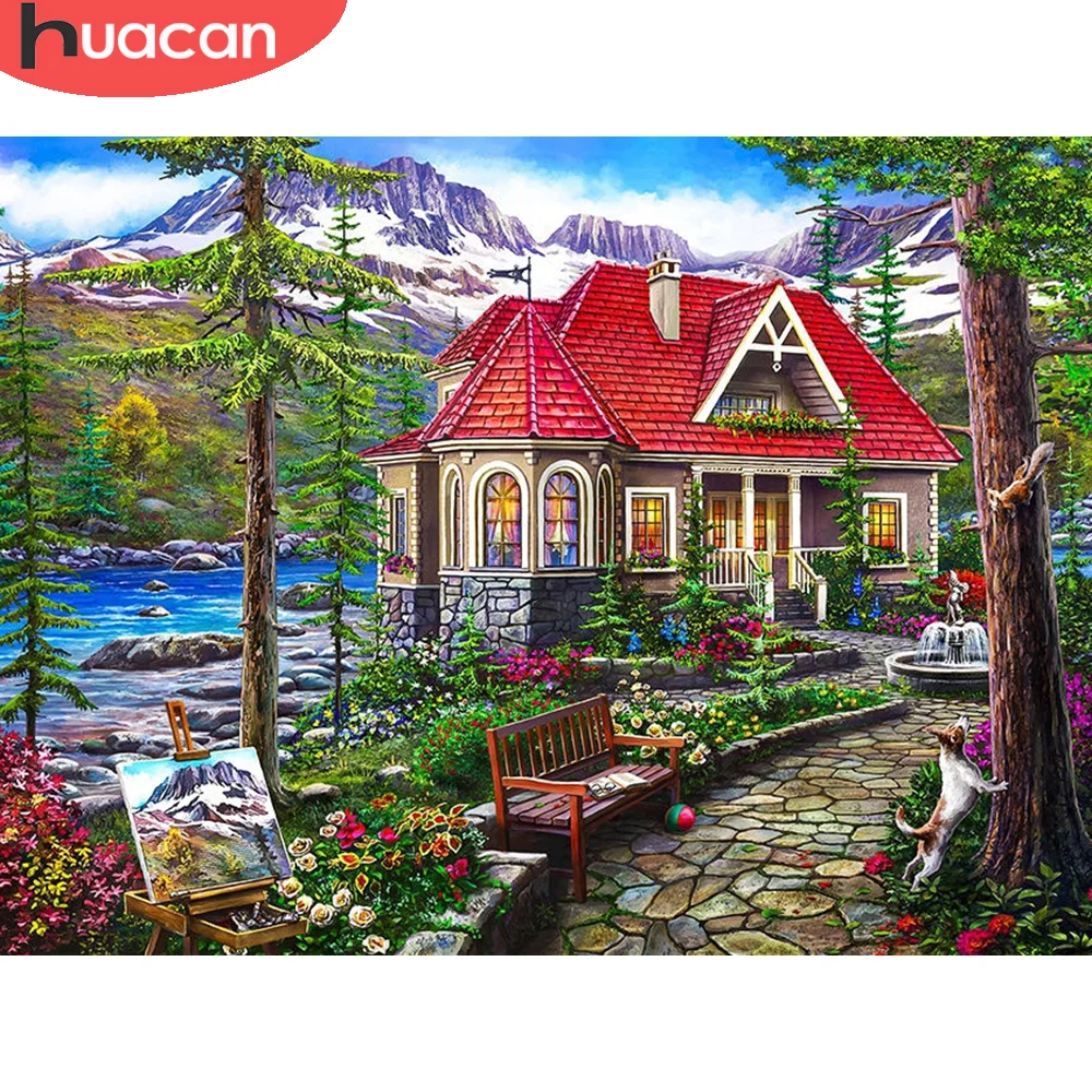 

HUACAN Full Square Round Diamond Embroidery House Diamond Painting Landscape Rhinestones Pictures Handicrafts Gift