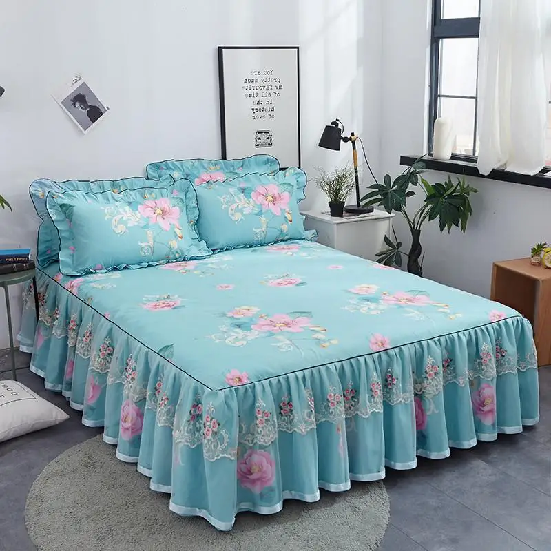 

40Cotton Fashion Floral Bedspread Lace Sanding Thicken Bed Skirt Size Soft Sheet Layer Double Comfortable Queen Fitted King