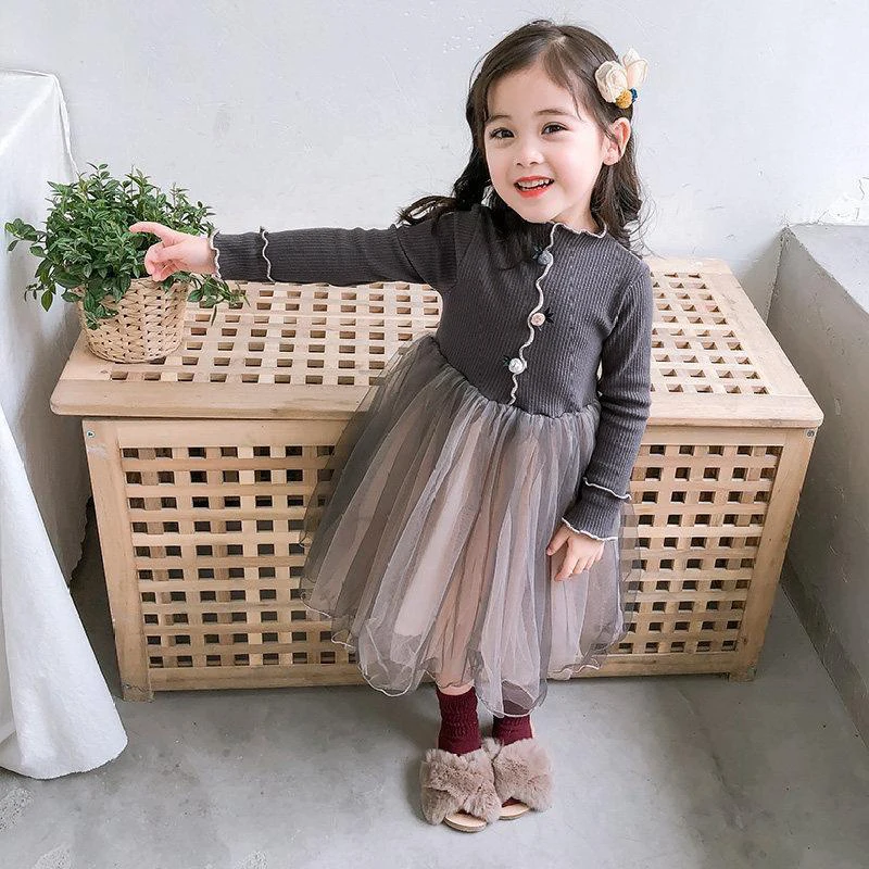 Платье для девочек с имитацией двух вставок сетчатые зимние платья розовые серые